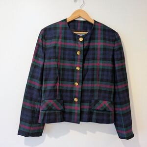 Vintage Aljean 100% Wool Plaid Blazer Jacket Size 10 Made in Canada Gold Button
